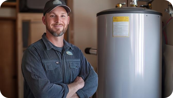 Image of a man in front of a water heater