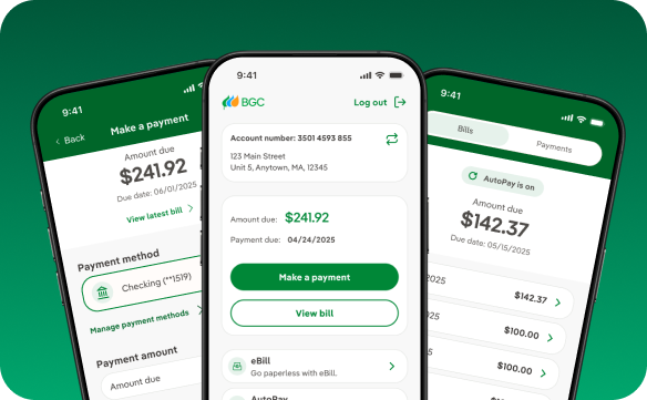 Three iphones on a green background. each phone has a different screen from the app.
